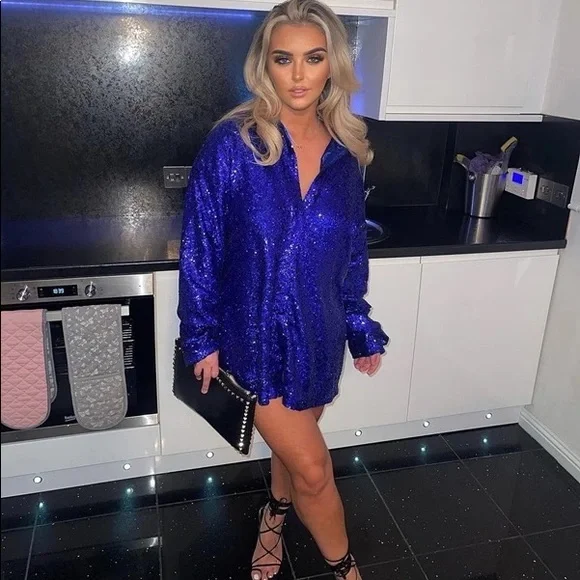 Sequin dress shirt collar button top night out party dresses royal blue - Picture 6 of 8